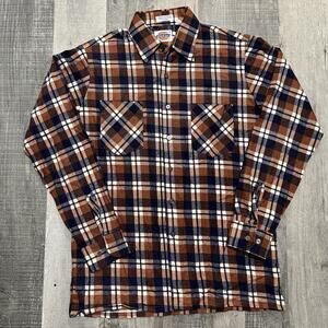 Vintage 80s Dickies Flannel Shirt Plaid Orange Blue 100% Cotton Skater Grunge M